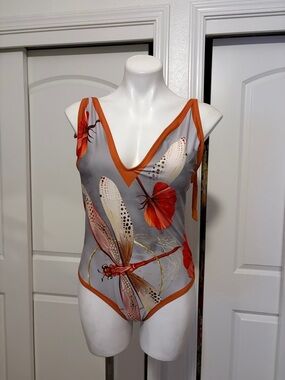 STYLEWE Gray One-Piece Swimsuit with Orange Trim and Red Floral Dragonfly Print